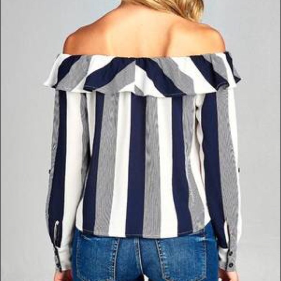 Off The Shoulder Flounce Ribbon Tie Stripe Top - Picture 3 of 3